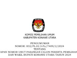 KPU Konut Umumkan Nomor Urut Pasangan Calon Bupati dan Wakil Bupati Konut